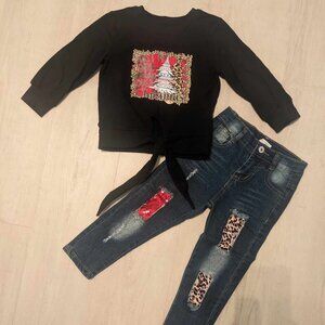 Black Cheetah Christmas Girls Pant Set